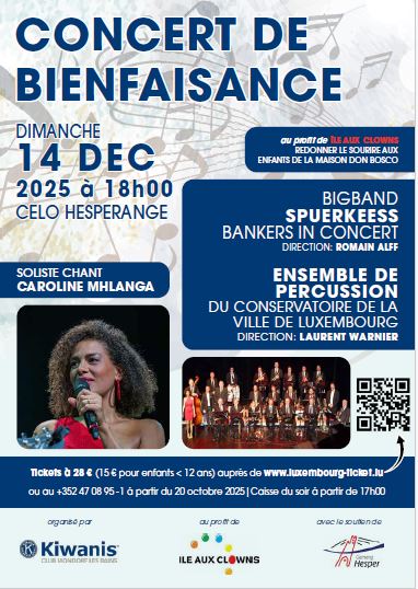 Affiche pour un concert de charité le 14 décembre 2025, à 18 heures, avec la soliste Caroline Mhlanga, le Spuerkeess Bigband et le Luxembourg City Percussion Ensemble. Inclut les détails de l'événement, des logos et un code QR.