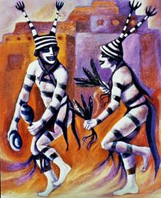 Deux personnages vêtus de costumes rayés et de grands chapeaux, aux visages peints, dansent joyeusement en tenant des hochets et des plumes sur un fond chaud et abstrait suggérant des bâtiments de style adobe.