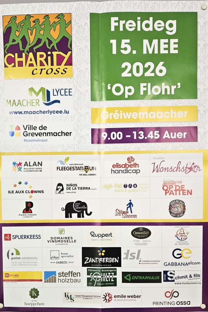 Affiche de l'événement Charit Cross le 15 mai 2026 à Op Flohr à Grevenmacher, 9:00-13:45. Inclut le Lycée Maacher, la Ville de Grevenmacher, et les logos de divers sponsors et partenaires en bas de l'affiche.
