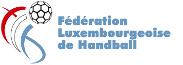 Logo de la Fédération luxembourgeoise de handball, composé de courbes stylisées rouges, bleues et grises, d'un ballon de handball et d'un texte bleu indiquant le nom de l'organisation en français.