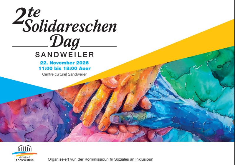 Affiche annonçant la 2e Journée de solidarité à Sandweiler, le 22 novembre 2026, représentant une illustration de mains colorées empilées les unes sur les autres.